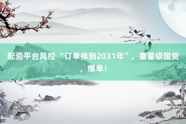 配资平台风控 “订单排到2031年”，重量级国货，爆单！